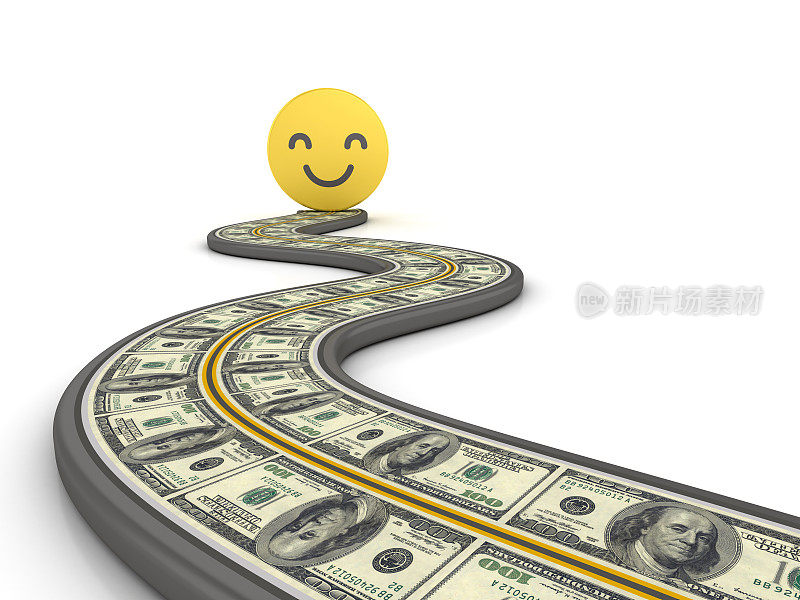 蜿蜒的3D道路与美元钞票和微笑表情- 3D渲染